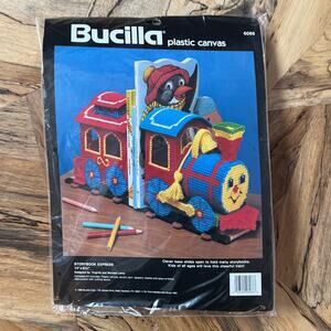 NEW, 1990 Vintage Bucilla “Storybook Express”Plastic Canvas Kit, Train Bookends